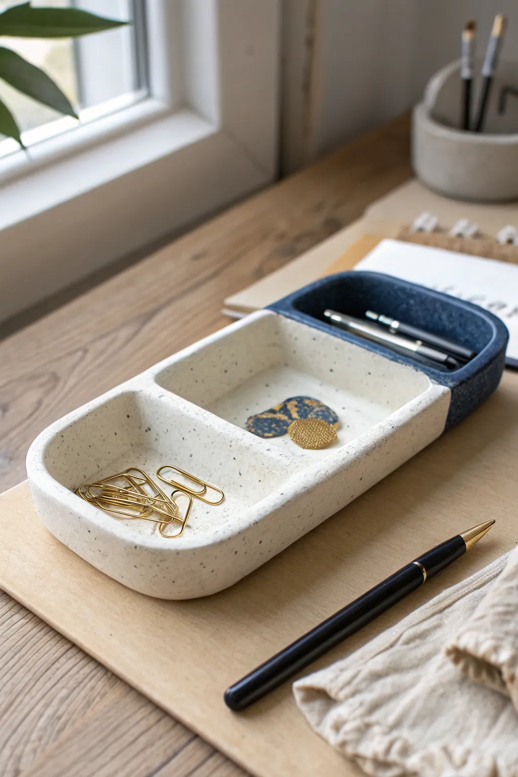 Minimal air-dry clay pocket tray keeps clips and pens tidy with a modern boho touch.