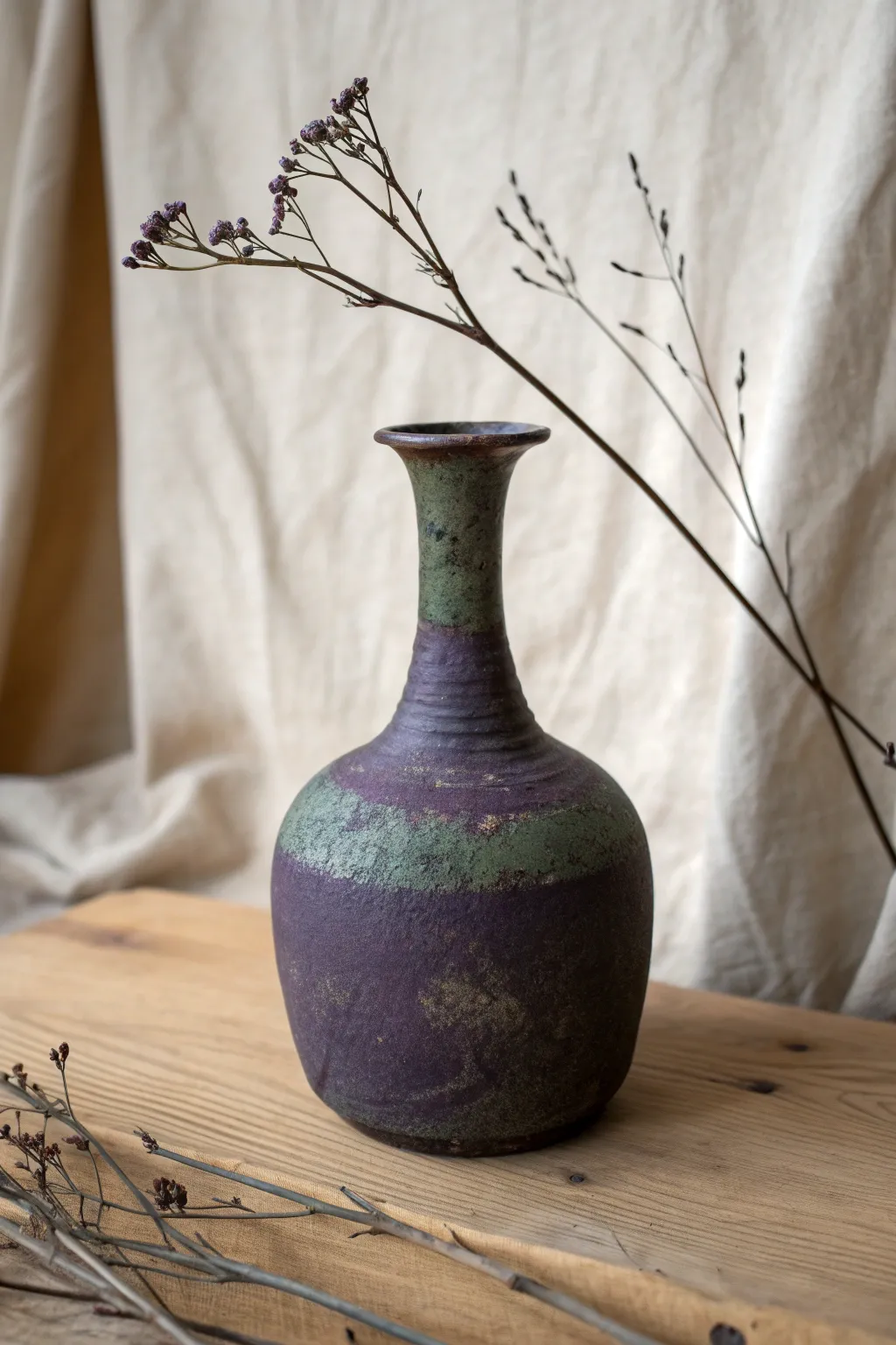 Moody Halloween bud vase: chunky air-dry clay potion bottle with a single dried stem.