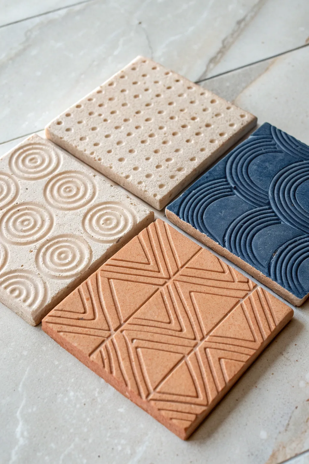 Four texture-rolled air clay wall tiles in a simple grid for an easy mini gallery moment.