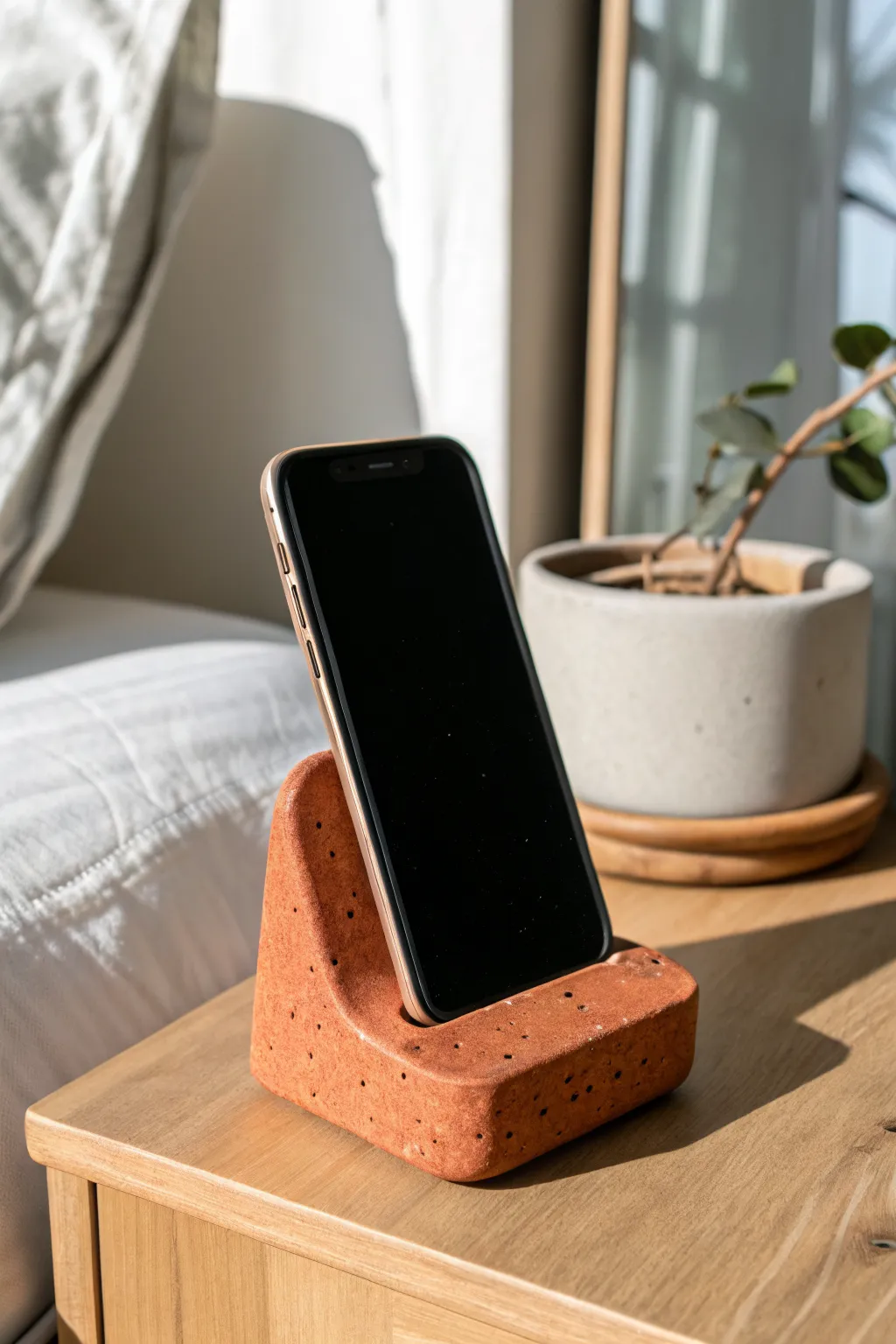 Chunky air dry clay phone rest in bold terracotta, an easy beginner project for a calm bedside setup