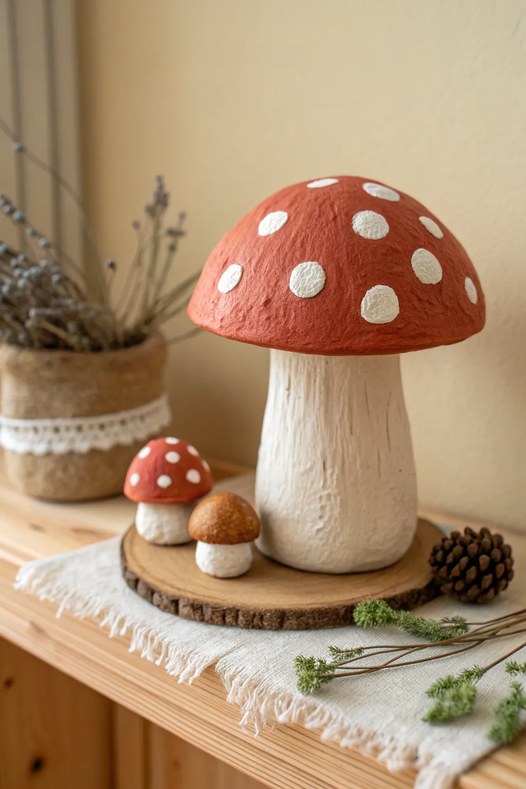 Sweet air-clay mushroom shelf decor with bold polka dots and cozy Scandinavian boho vibes.