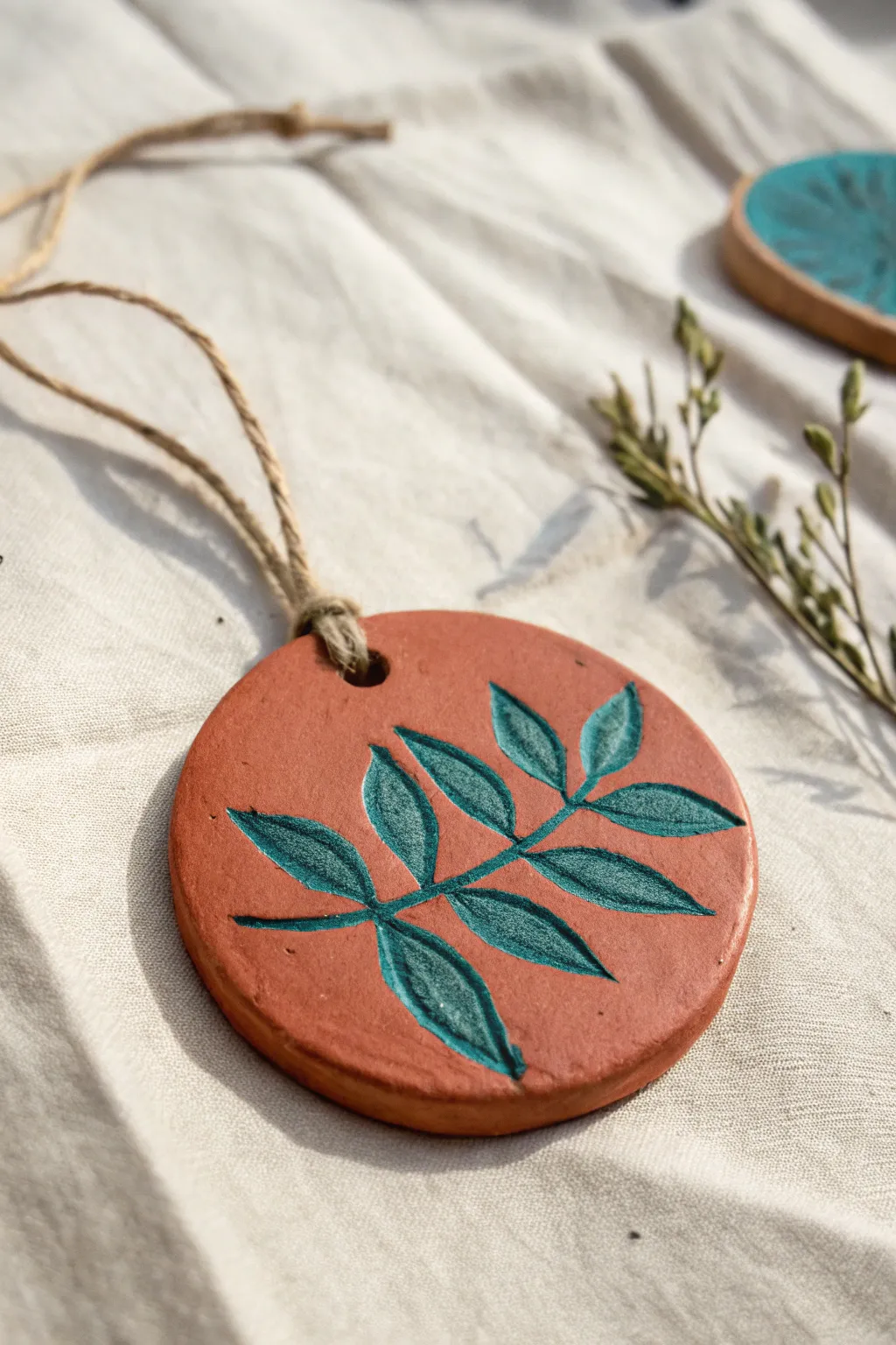 Air clay ornament idea: a simple layered relief leaf on a matte disc, modern Scandinavian boho feel.