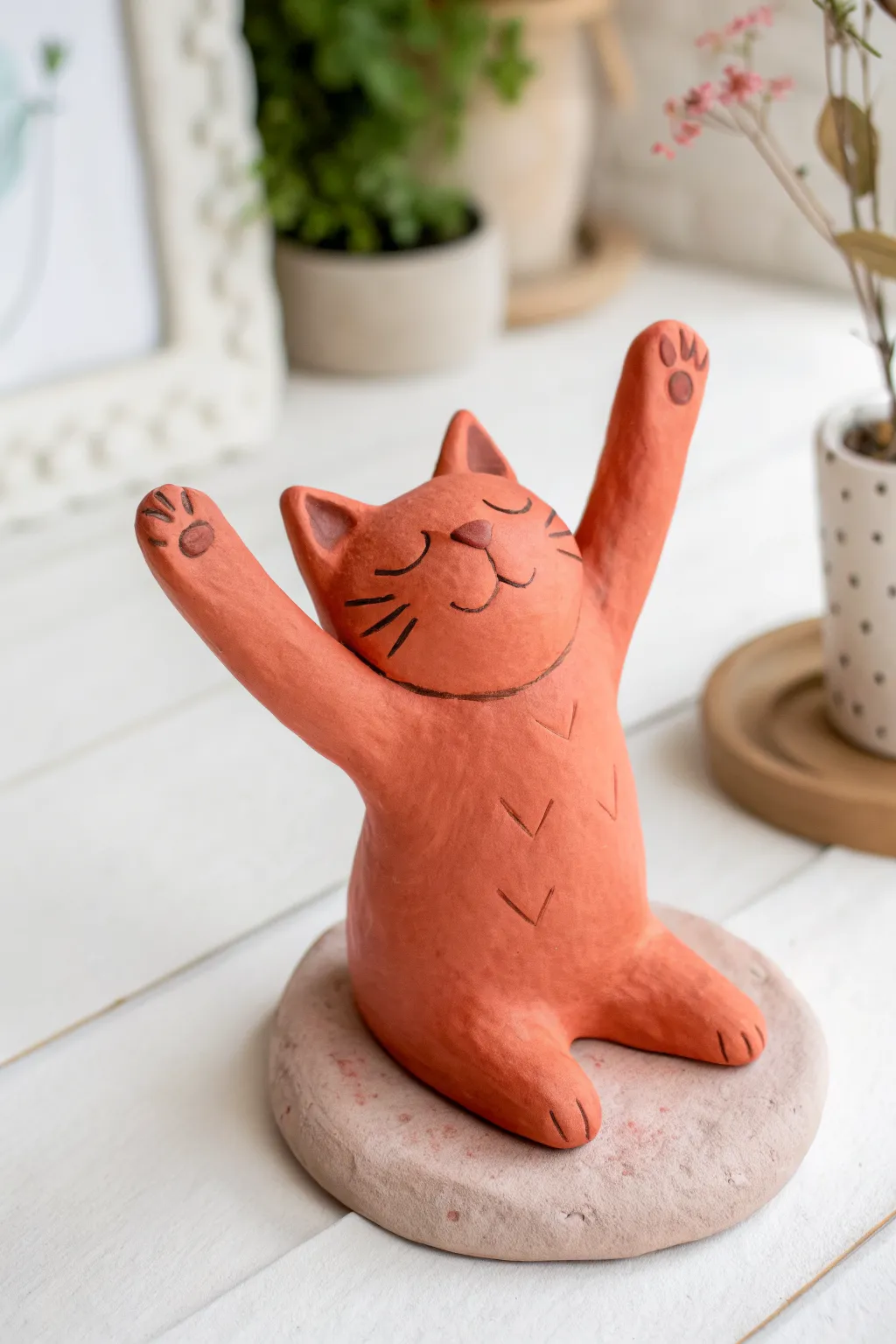 Playful air clay cat on its back, paws up and posed on a base for cute armature stability.