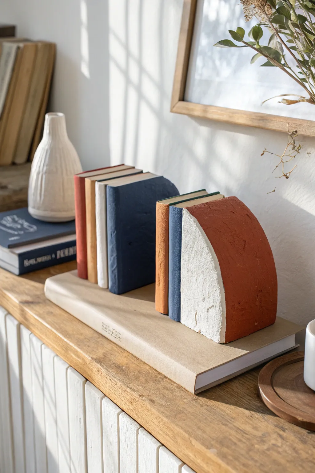 Chunky color-block air dry clay bookends for a bold, modern Scandinavian shelf moment
