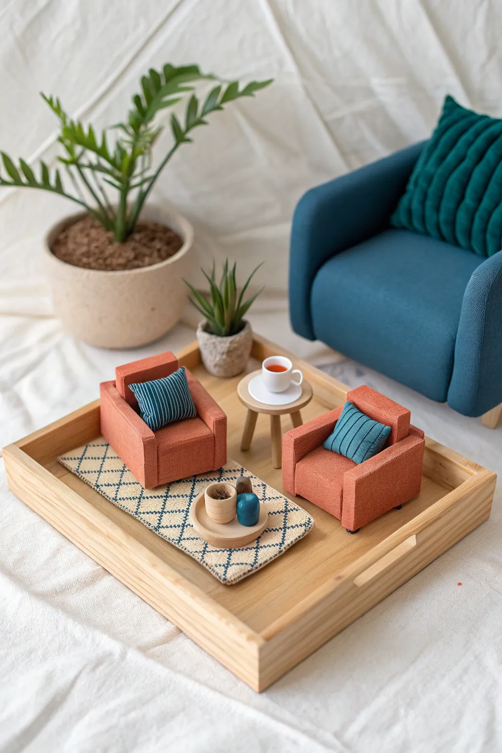 Two tiny air dry clay hangout dioramas side by side, a sweet date night craft to display.