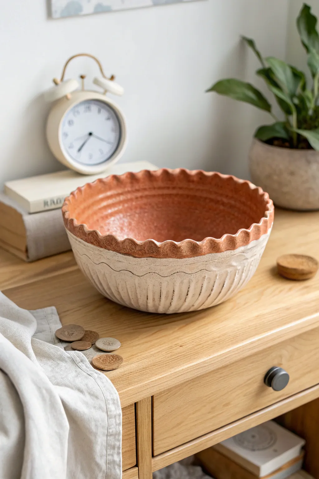 Wavy ruffled rim bowl in air dry clay, a chic bedside catchall with minimalist boho charm