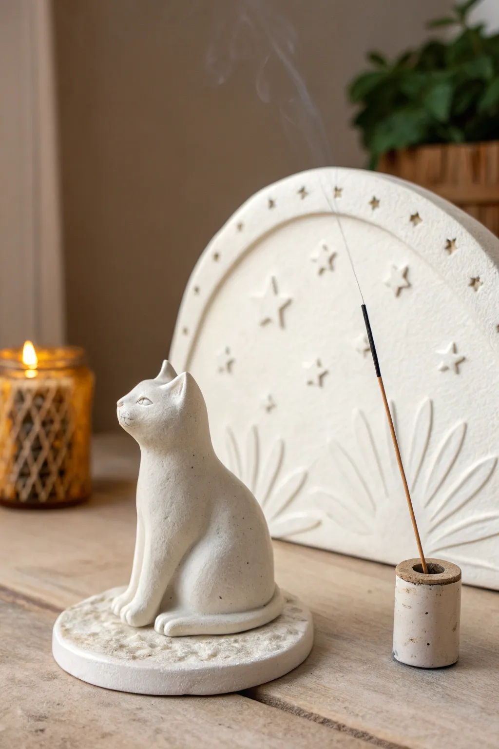 Minimal starry cat incense holder in air dry clay, dreamy contrast for a calm boho vibe