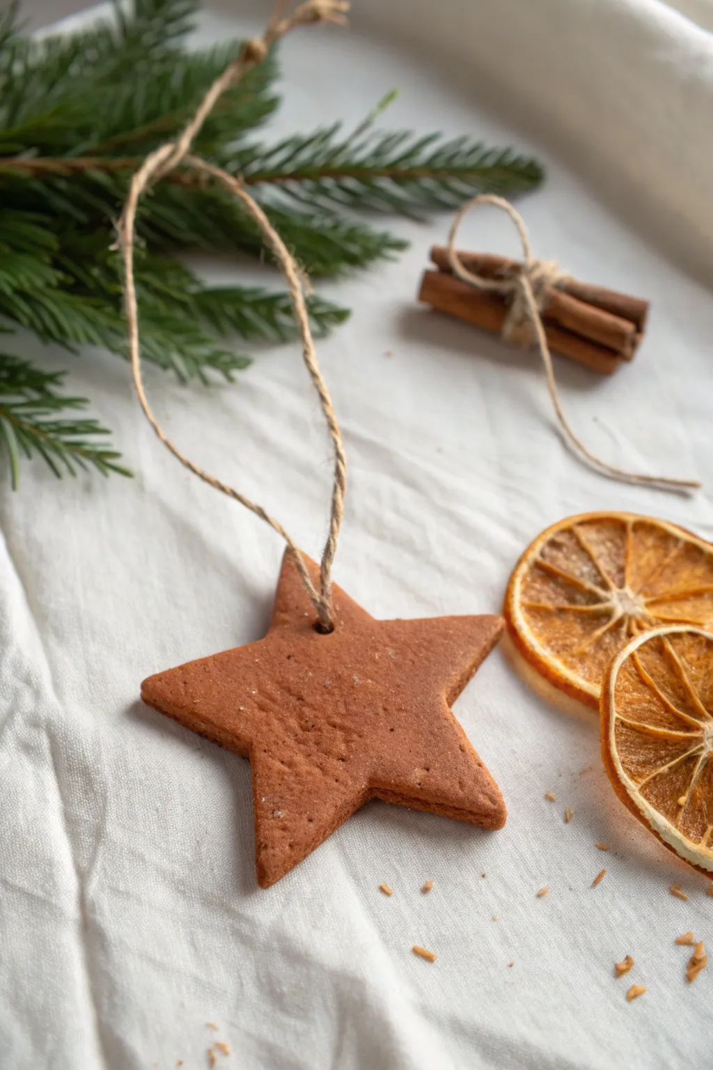 Cinnamon-kissed air-dry clay star ornament with twine, orange slices, and evergreen glow