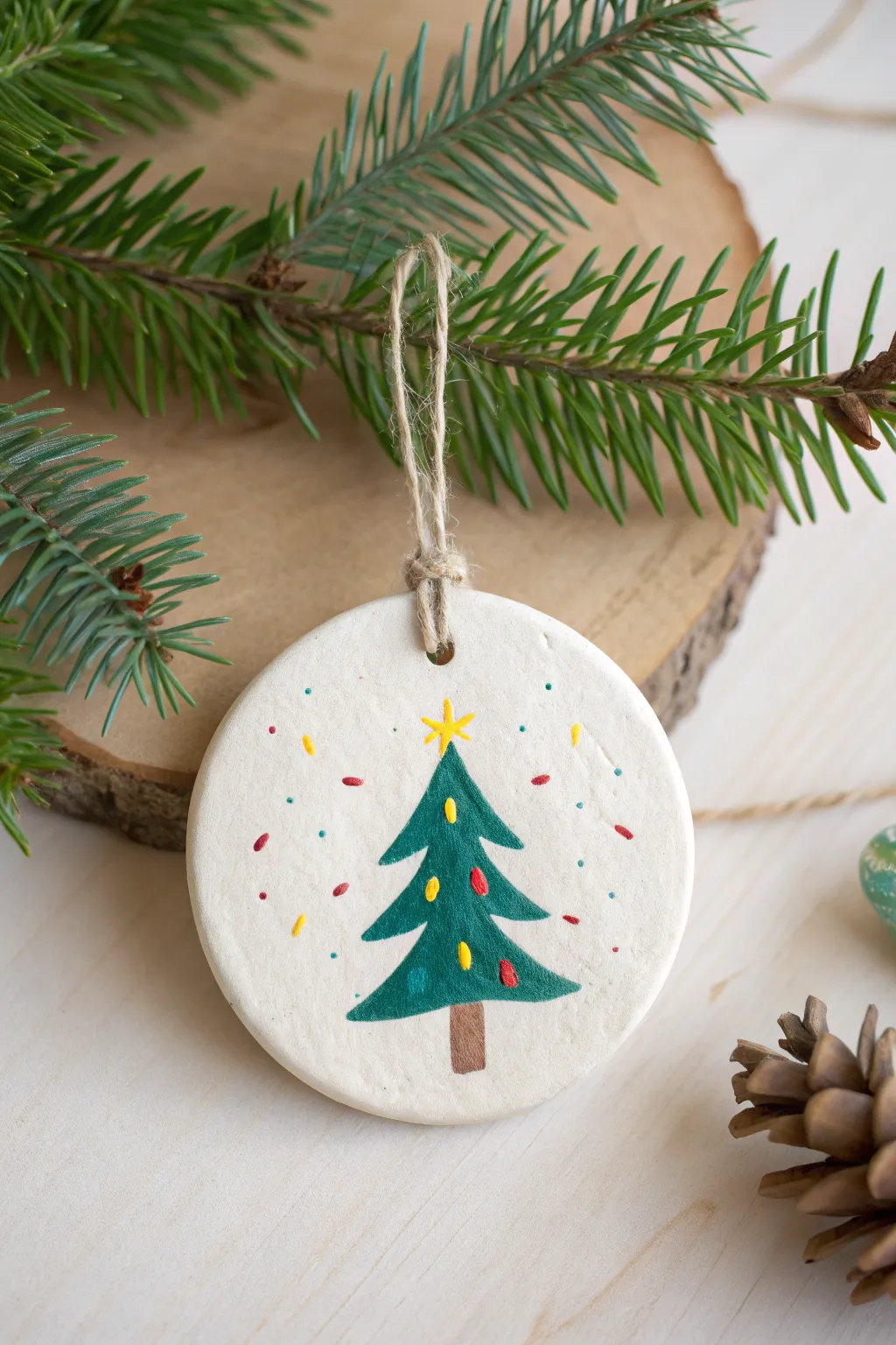 Minimal air dry clay ornament with fingerprint tree lights, a cozy modern Christmas DIY.