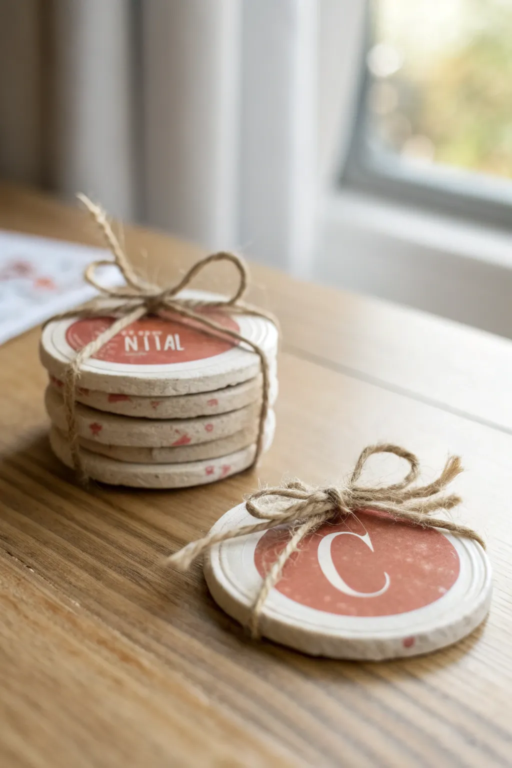 Monogrammed air-dry clay coasters stacked and tied with twine for a simple handmade gift.