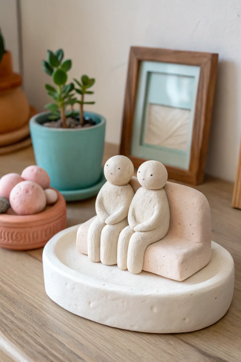 Mini living room us vignette: two air-dry clay figures on a cozy couch with boho plant accents