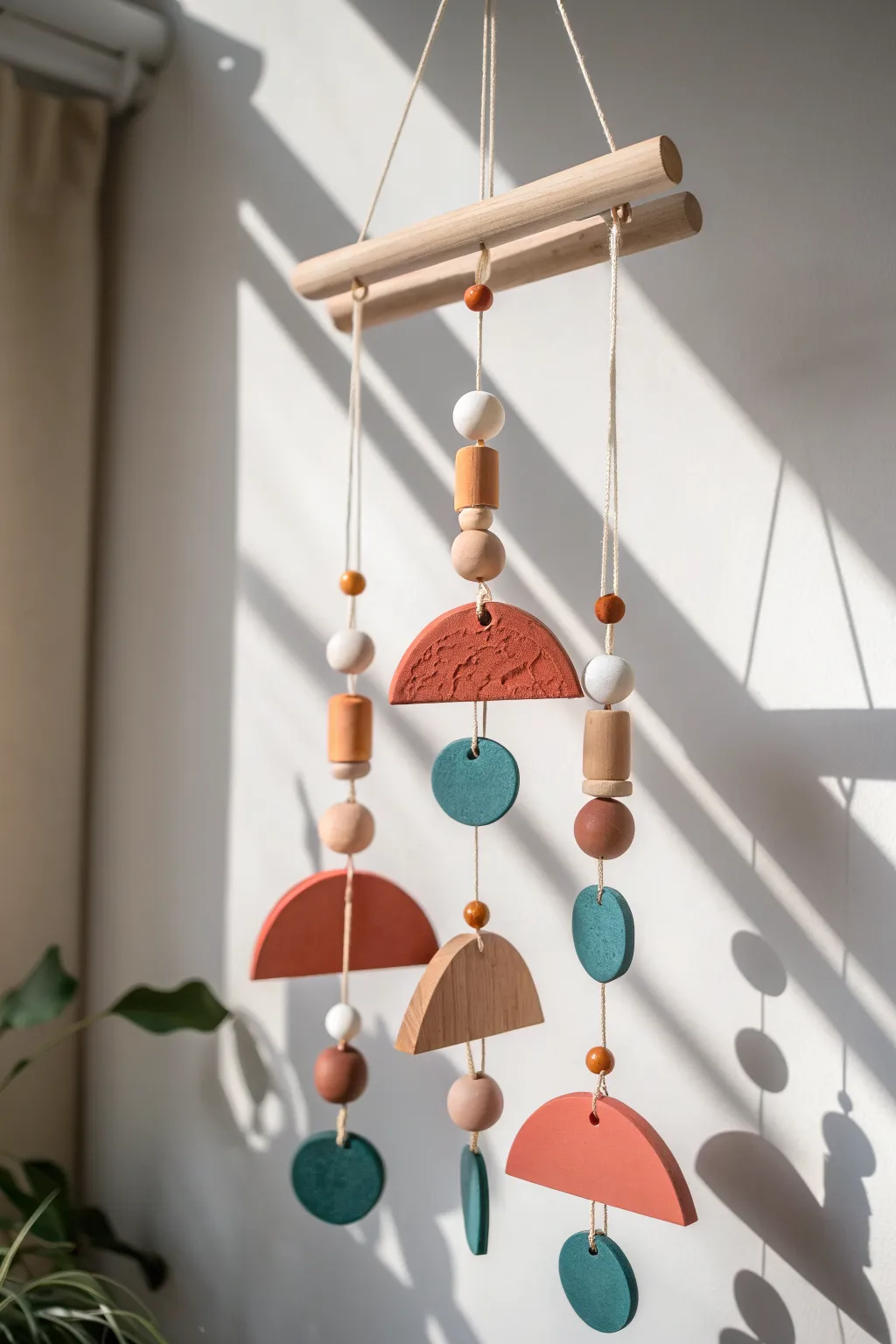 Abstract air dry clay mobile with wood beads, a minimalist boho statement for adult crafters.