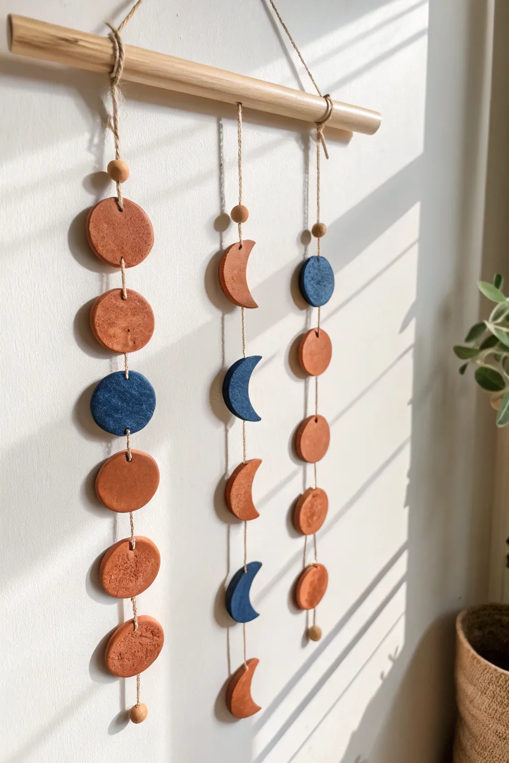 Minimal moon phase wall mobile in air dry clay, warm terracotta and indigo with soft shadows.
