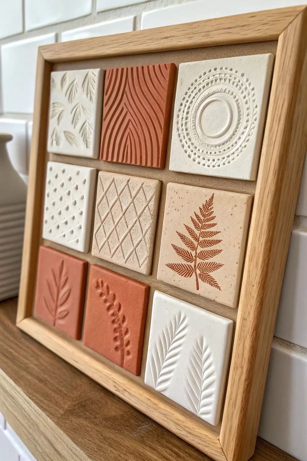 Textured mini tile wall art in bold earthy tones, minimalist boho, easy air dry clay decor