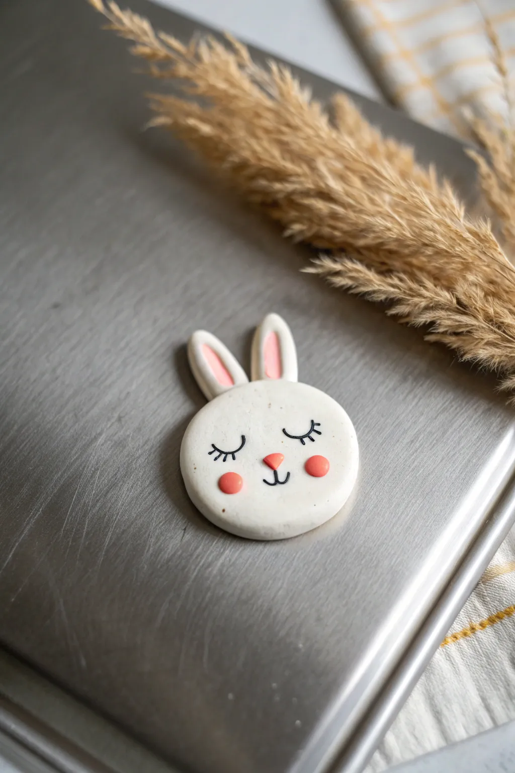 Tiny bunny face magnet made from air dry clay, minimal yet playful Easter decor in bold blush.