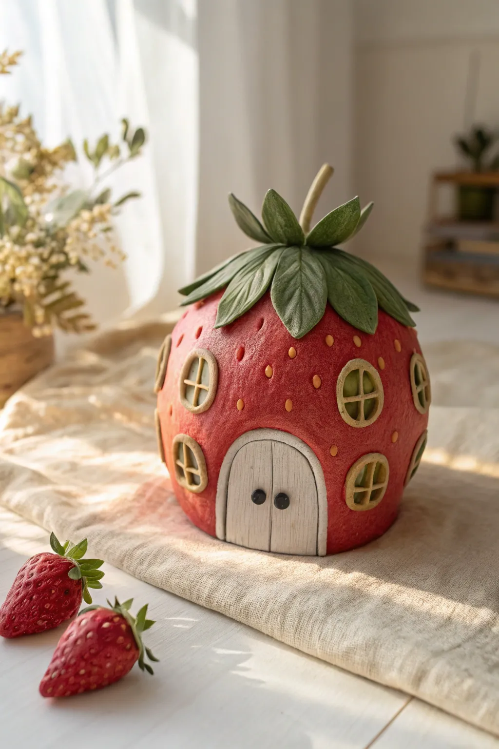Whimsical strawberry fairy house in air dry clay, bold color with minimalist Nordic charm.