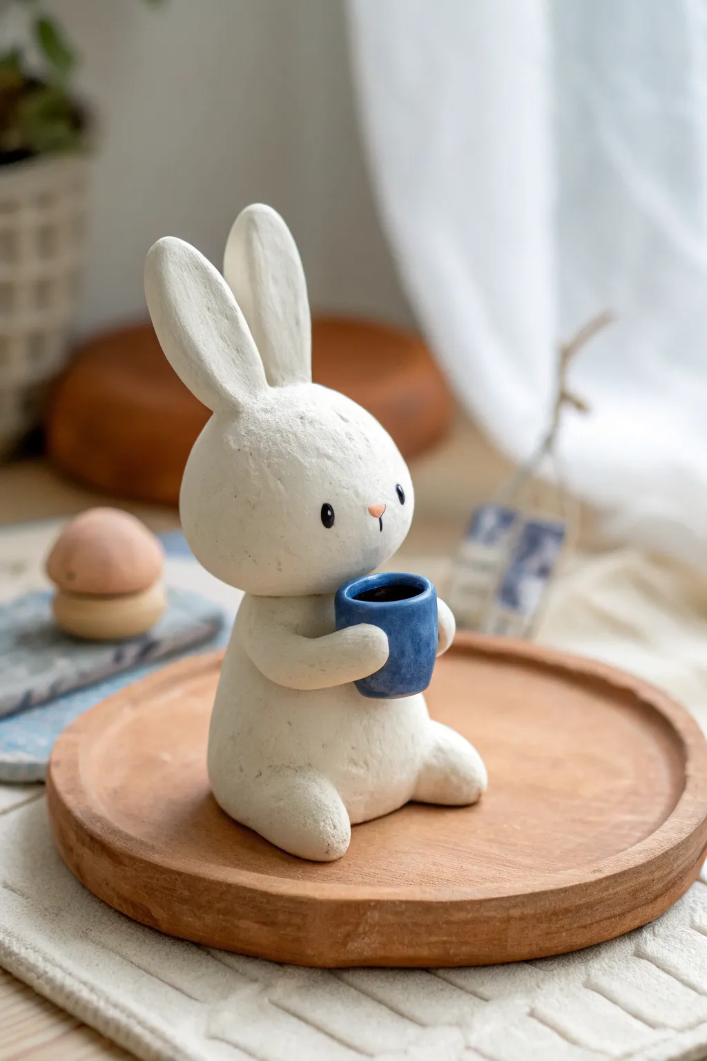 Tiny bunny with a cobalt mug on a terracotta base, a simple air dry clay story scene