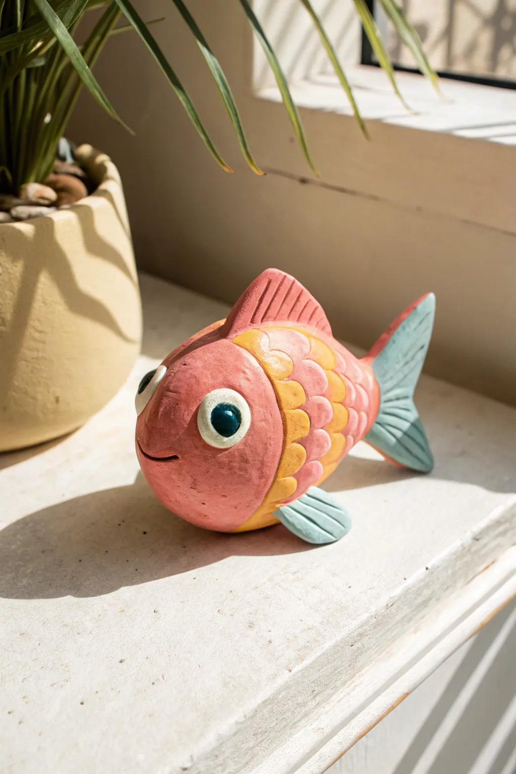 Big-eyed cartoon air dry clay fish in bold happy colors, simple beginner-friendly decor.