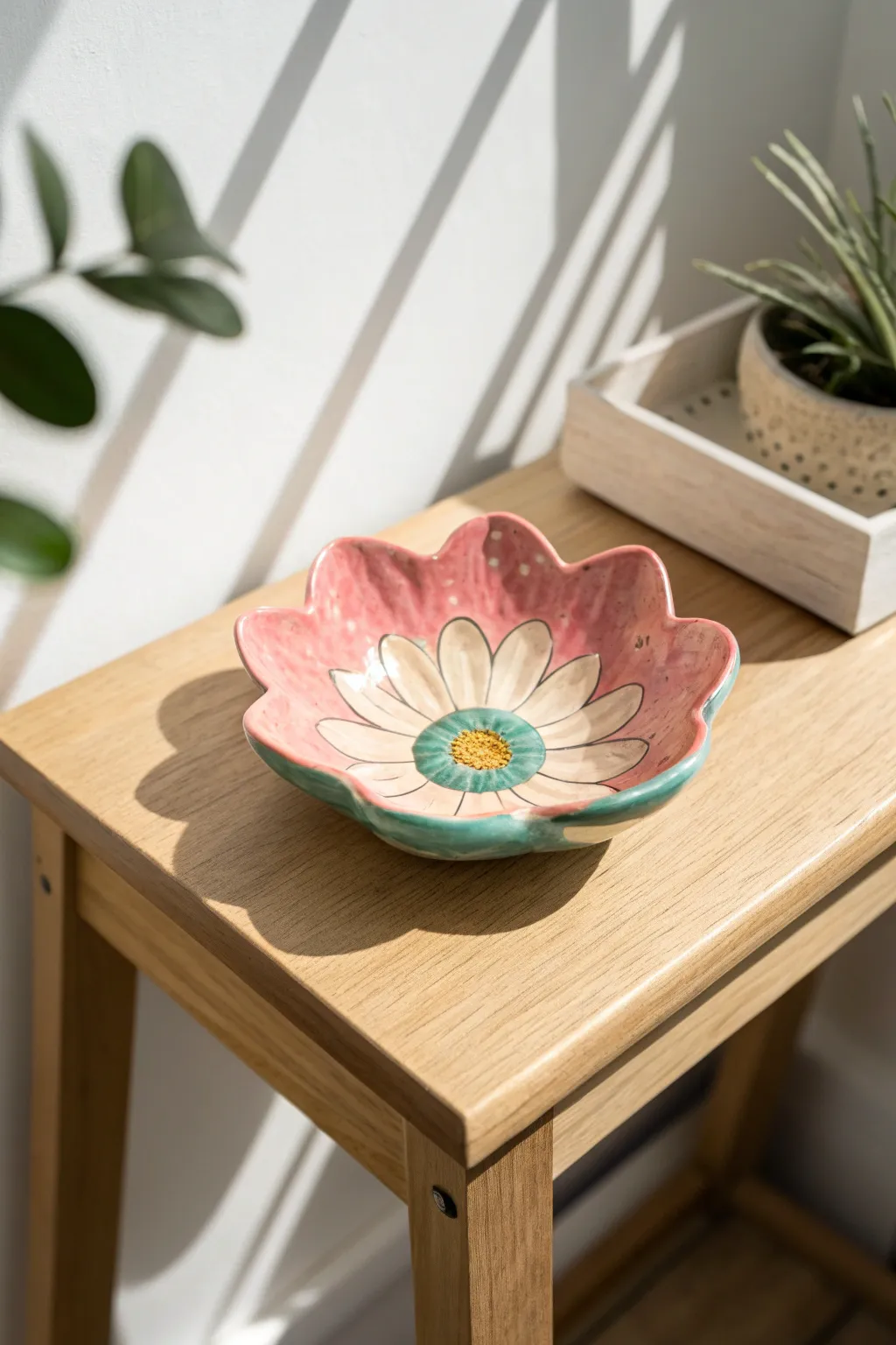 Petal-rim flower ring dish in bold blush and teal, a simple air-dry clay accent for your nightstand.