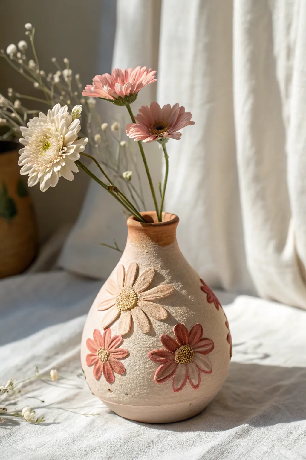 Minimal bud vase with 3D clay flowers in soft tones, finished DIY look with bold contrast