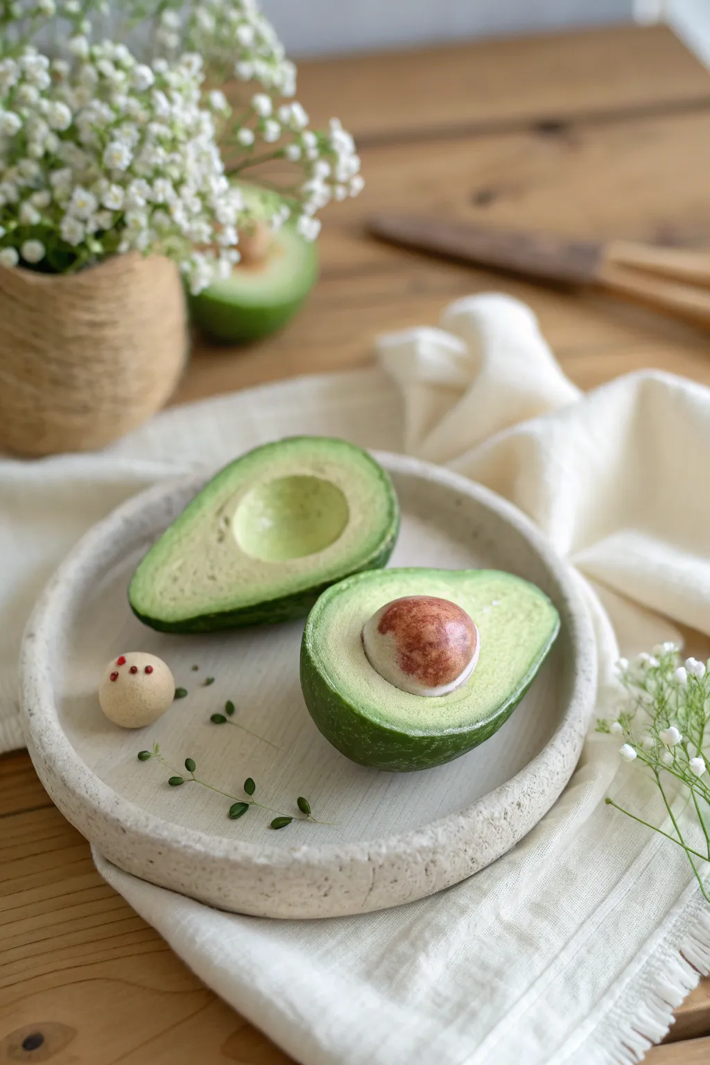 Mini air-dry clay avocado halves with a cute raised pit, fresh layered greens, and soft blush.