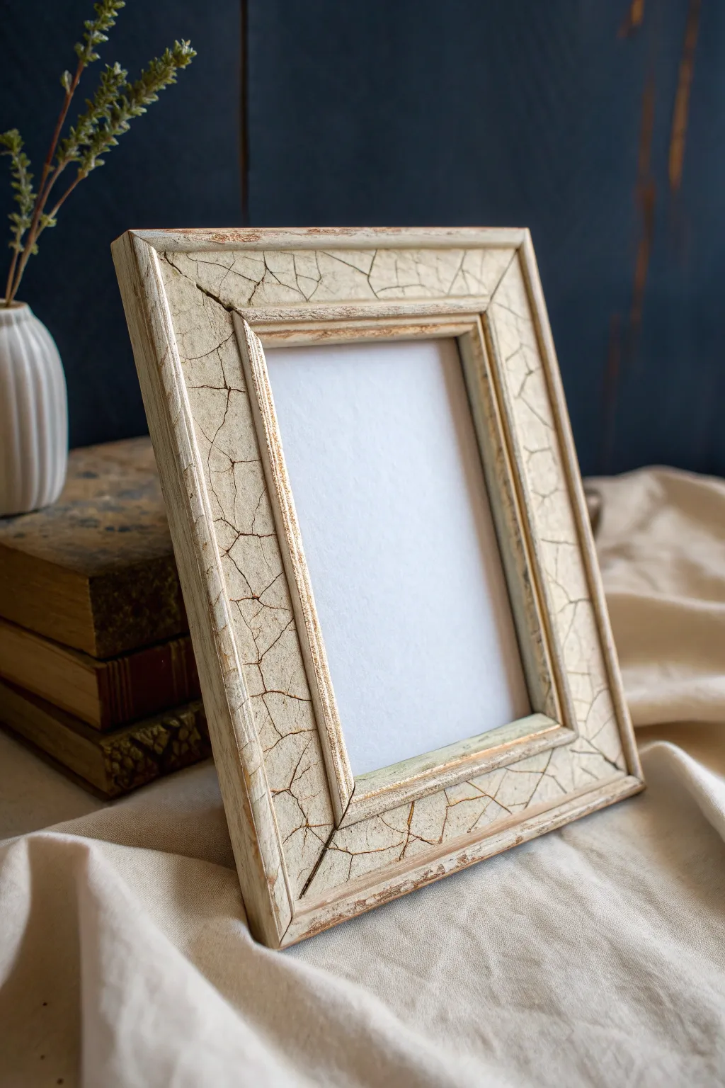 Moody crackle-textured air dry clay frame with vintage patina, minimalist look and bold contrast