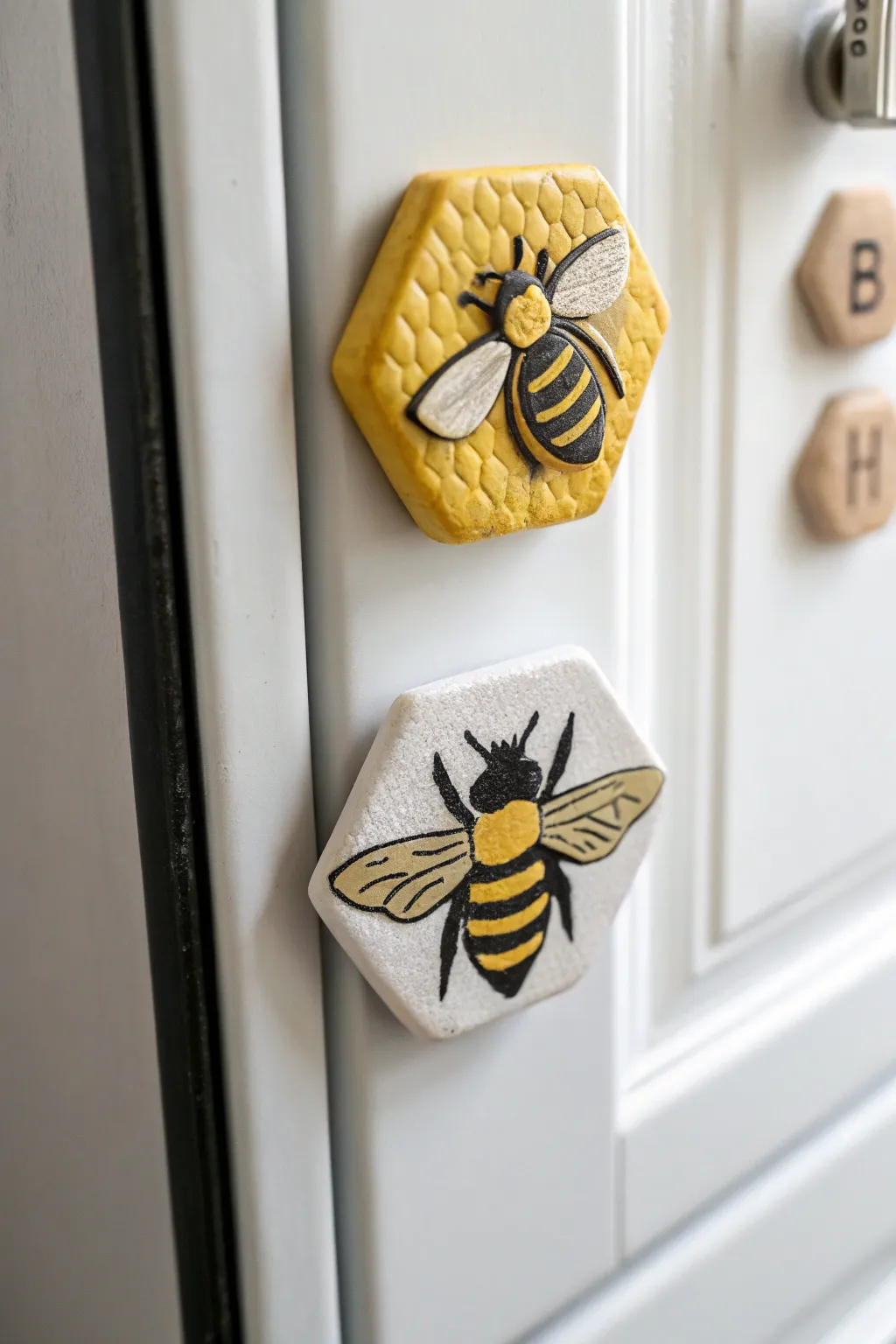 Sweet bee and honeycomb air-dry clay magnets for a minimalist, boho-inspired fridge upgrade