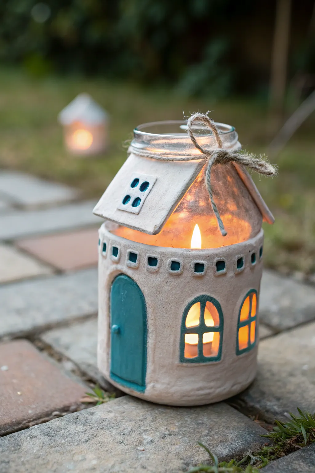 Cozy clay cottage lantern on a jar, glowing warmly among soft greenery for dreamy garden nooks