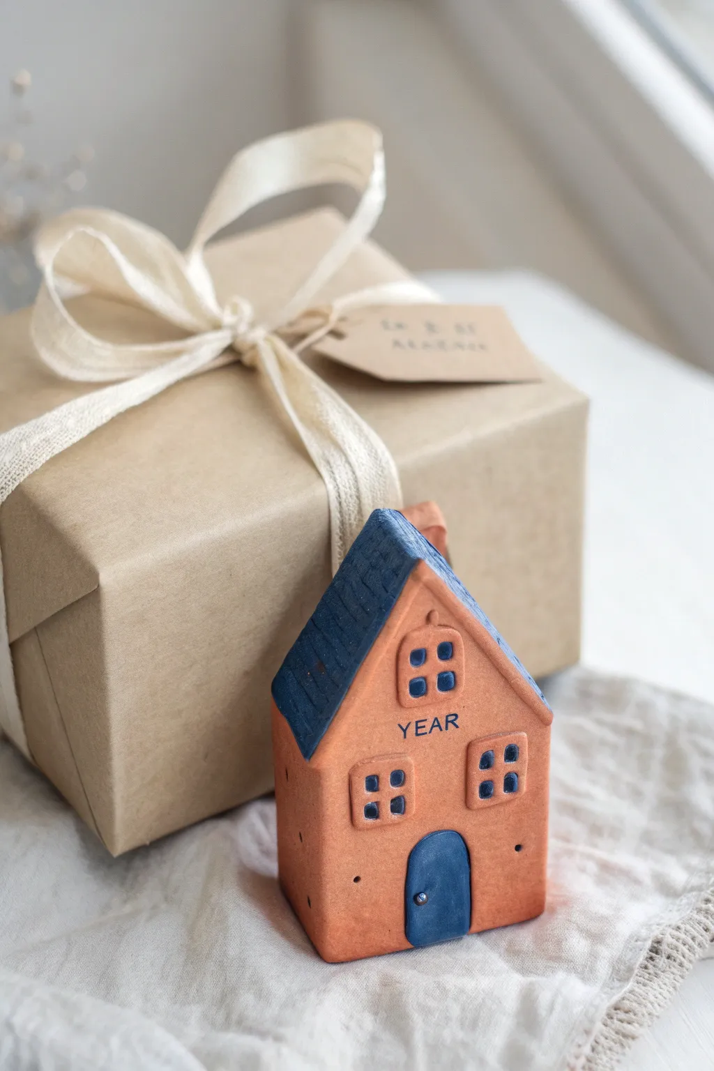 Minimal clay house keepsake ornament with linen ribbon, a thoughtful personalized adult gift.