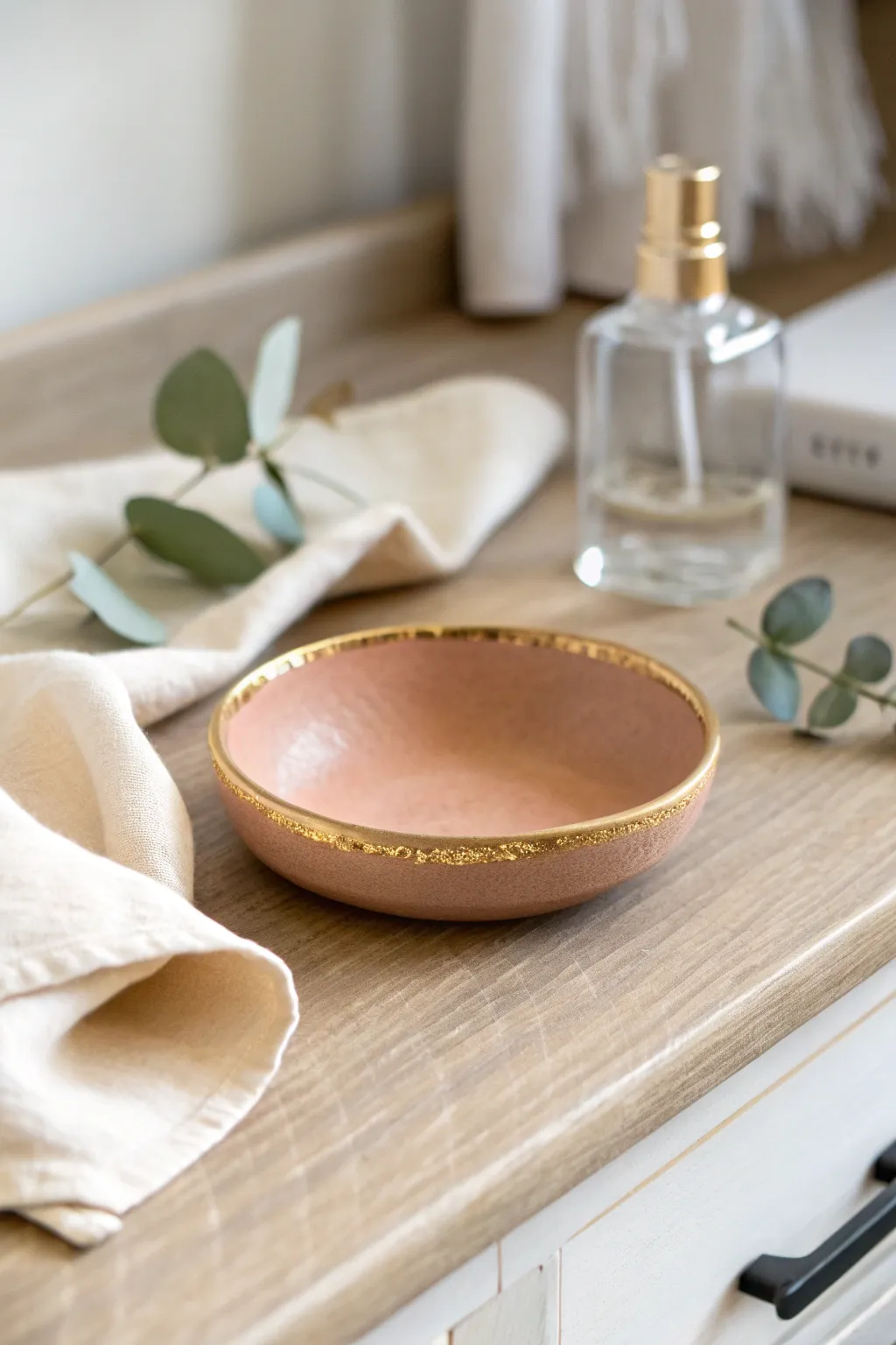 Gold leaf edged air dry clay ring dish, a simple DIY trinket piece for elevated home decor