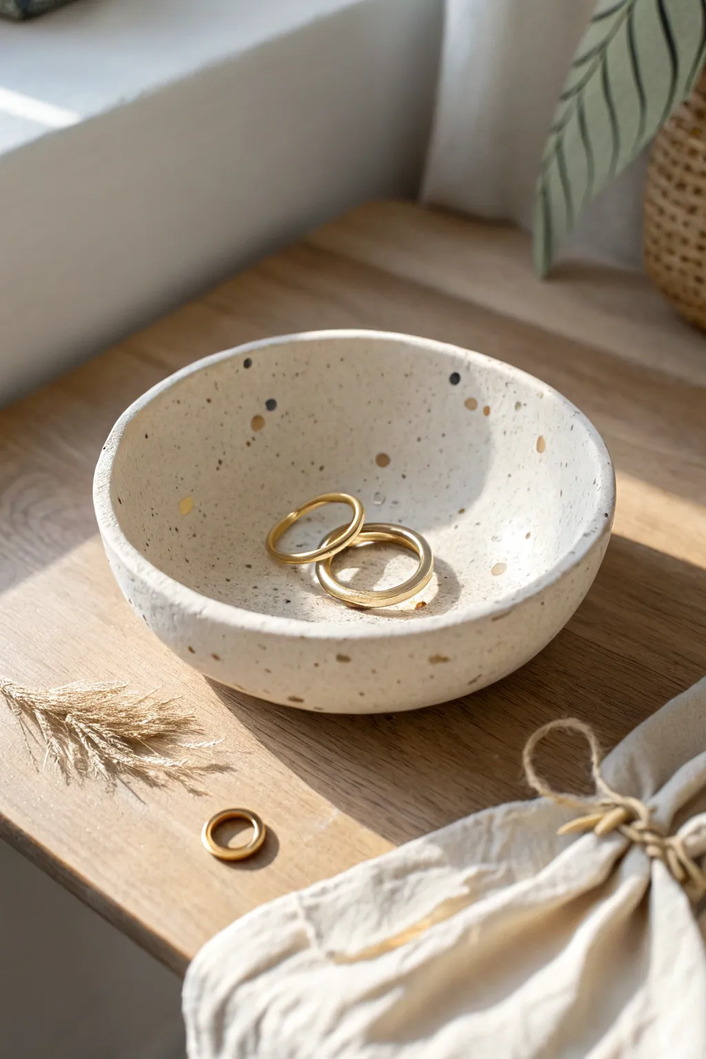 Muted terrazzo air dry clay catchall bowl, minimal and boho, perfect for rings and hair ties