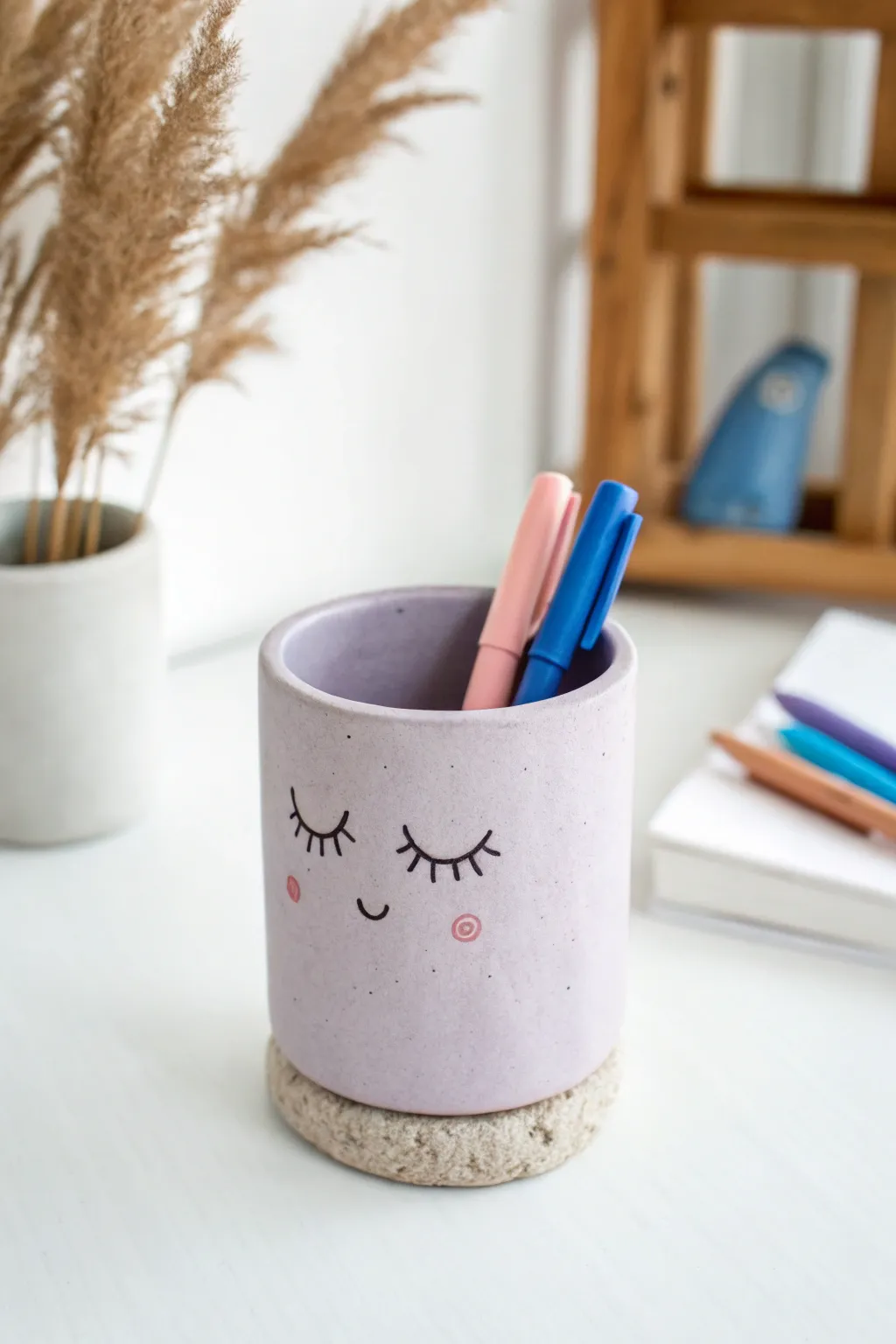 DIY pastel air-dry clay pen cup with a sleepy face for a clean, cozy Pinterest desk vibe.