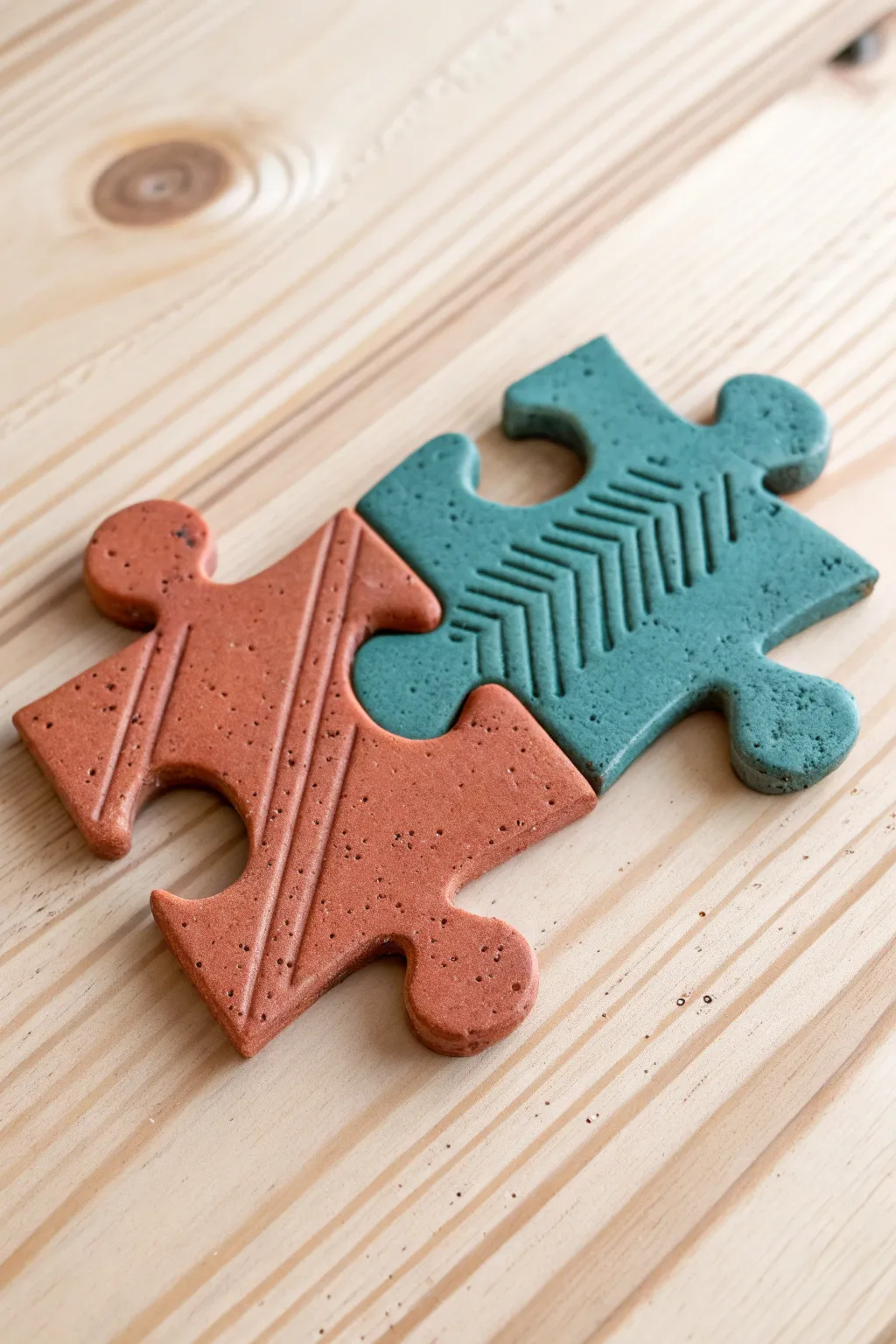 Date night clay: two textured puzzle pieces that click together, sweet, simple, handmade.