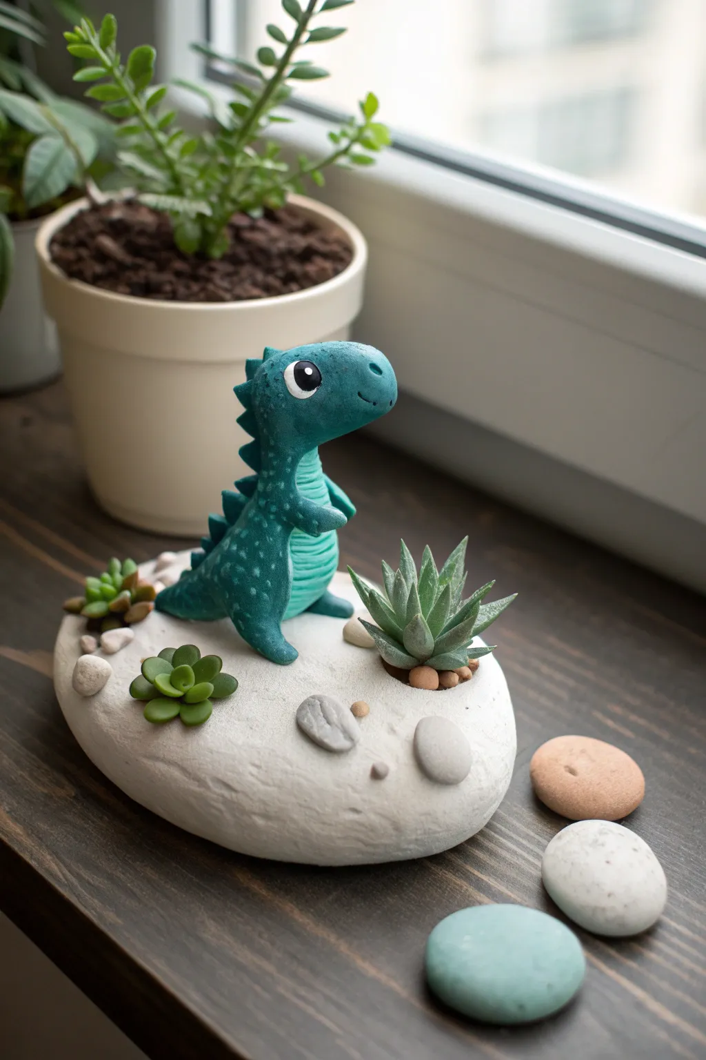 Beginner-friendly air dry clay dino terrarium on an oval base, minimalist and bold.
