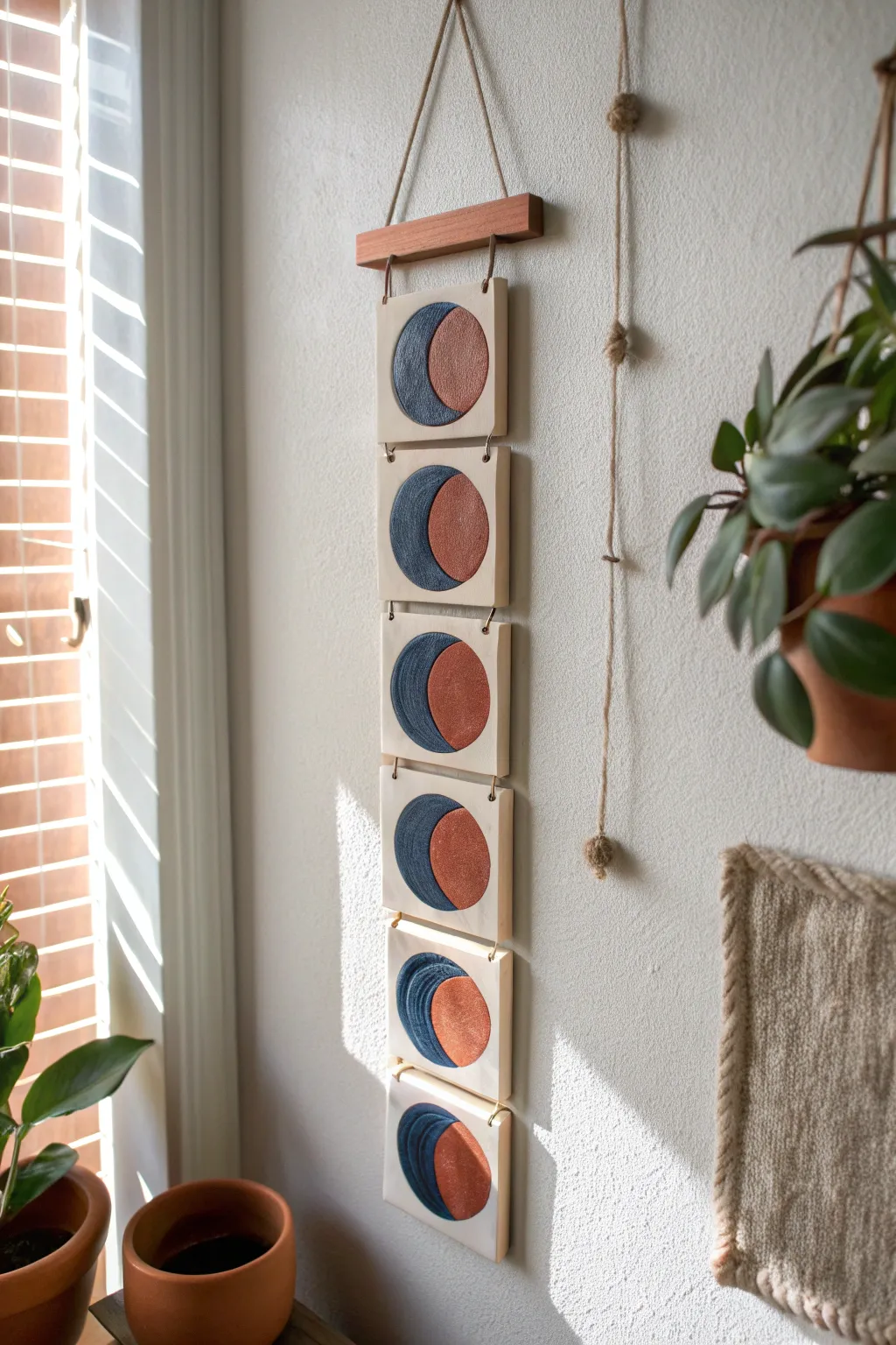 Air-dry clay moon-phase tiles in matte terracotta and midnight blue for a calm boho-minimal wall accent.