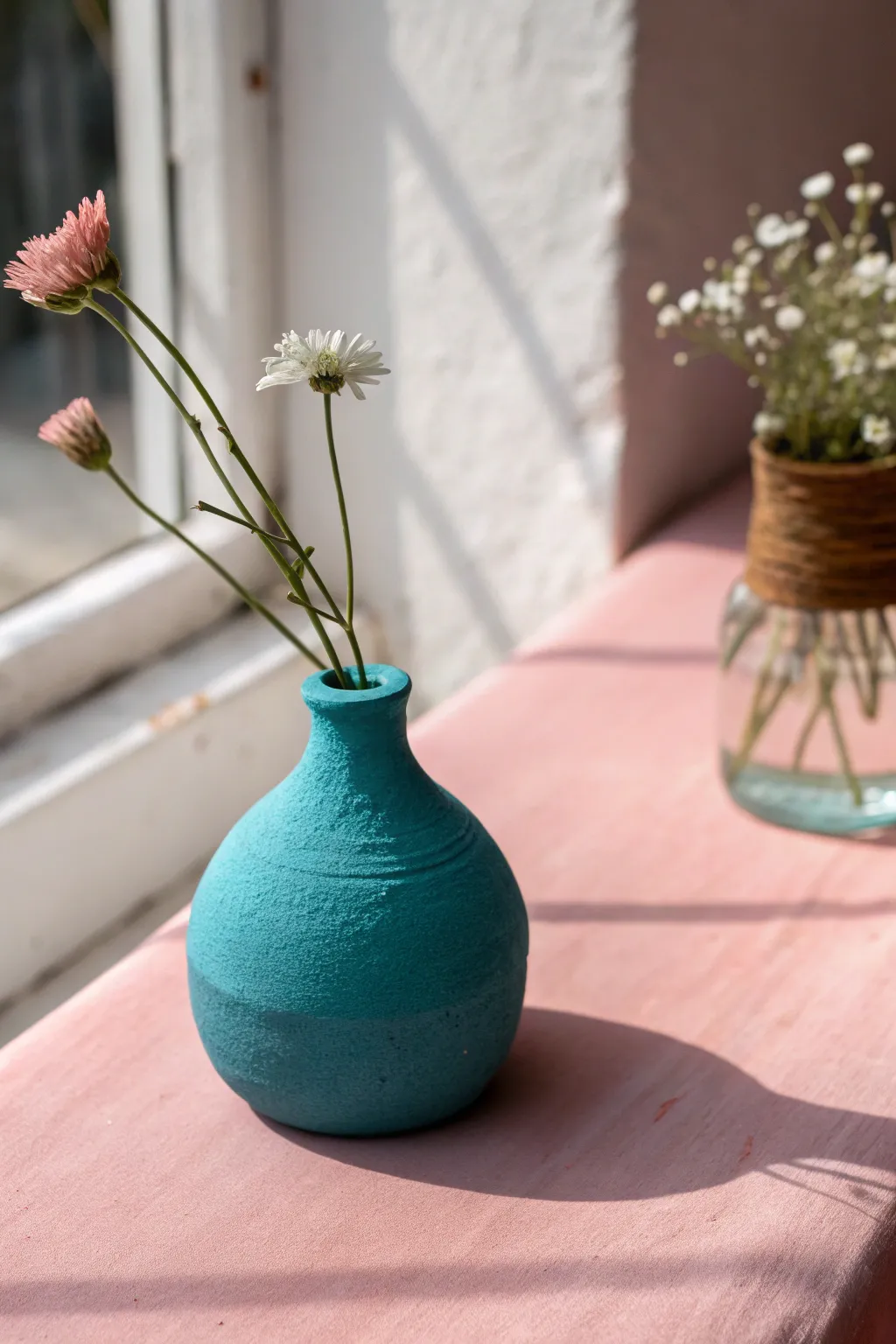 Tiny air dry clay bud vase with one bloom, minimalist Scandinavian style with a bold boho pop
