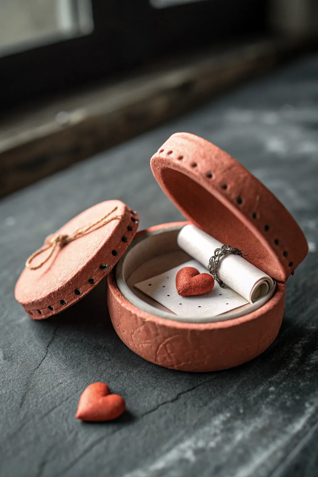 Locket-style clay keepsake box, slightly open to reveal a hidden note and tiny heart inside