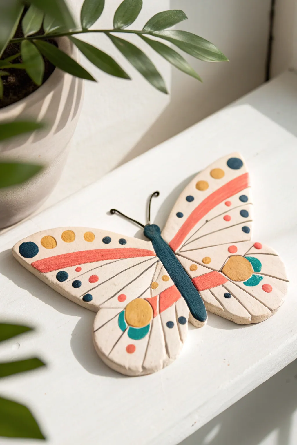 Simple air dry clay butterfly with flat wings, bold boho dots and stripes on clean white.