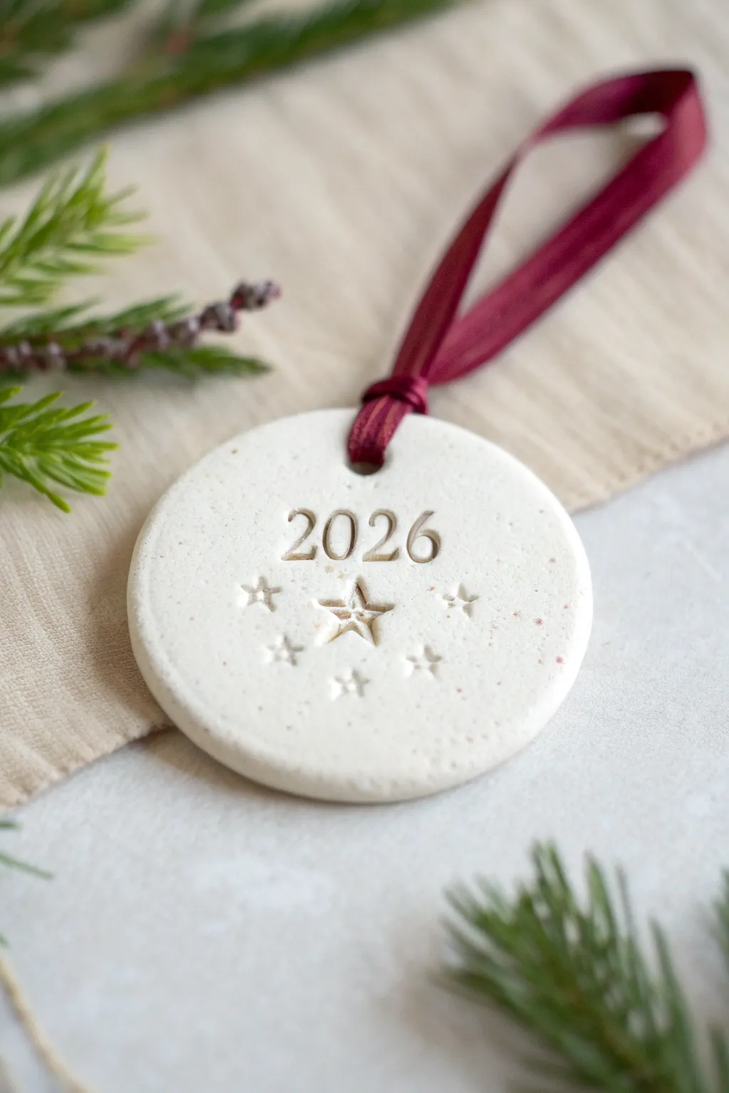 Minimal air dry clay keepsake ornament with stamped year and star, perfect for kids Xmas.