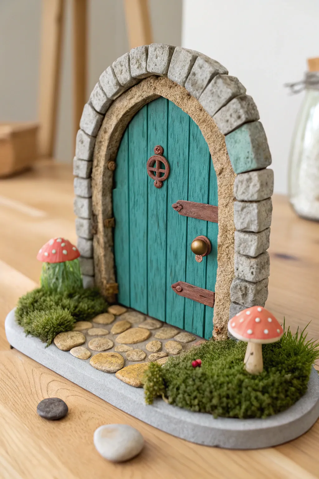 Mini air dry clay fairy door with simple stones and mushrooms, a magical kid friendly project