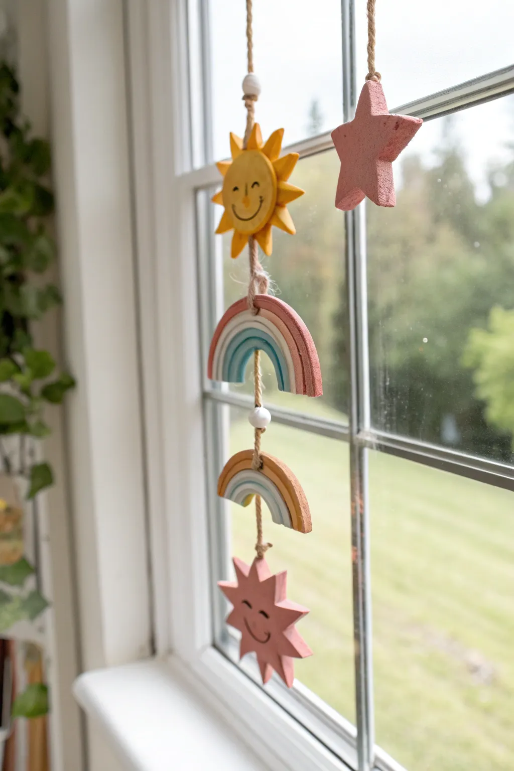 Simple air dry clay suncatcher garland for kids: bold shapes glowing in a sunny window