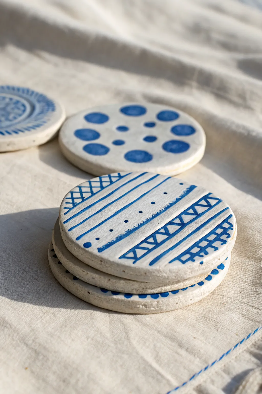 Bright texture-stamped air-dry clay coasters, kid-friendly and chic for a minimalist home.