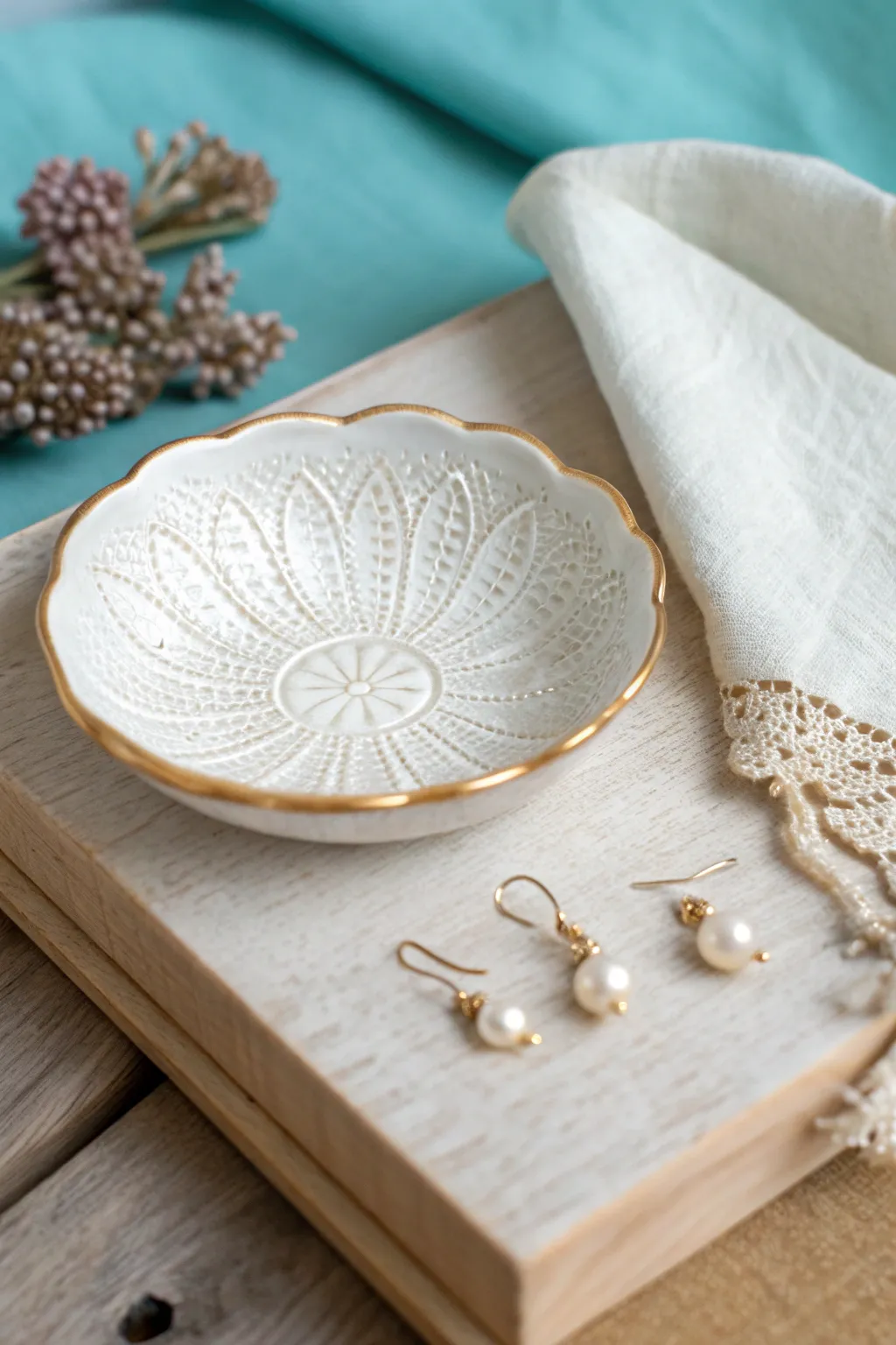 Creamy lace-imprint trinket dish with gold rim, styled with pearls for a Mothers Day gift