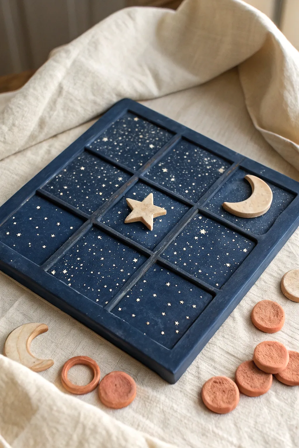 Deep blue night sky clay tic tac toe board with moon and star pieces for a dreamy tabletop game.
