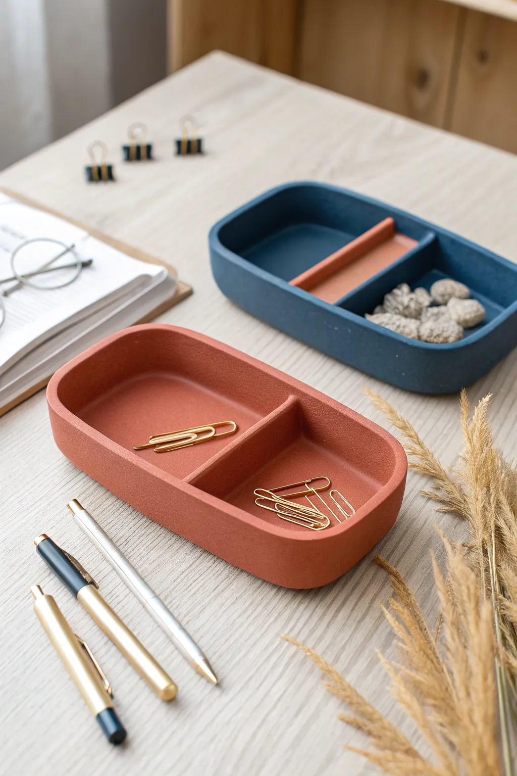 Stackable air dry clay trays in bold hues keep pens and clips tidy with minimalist charm