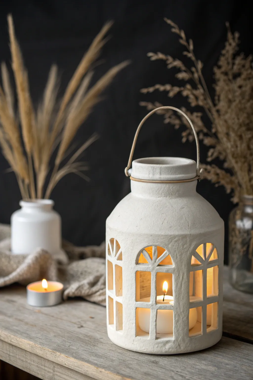 Cutout window clay jar lantern with soft candle glow, minimal boho vibes for cozy nights.