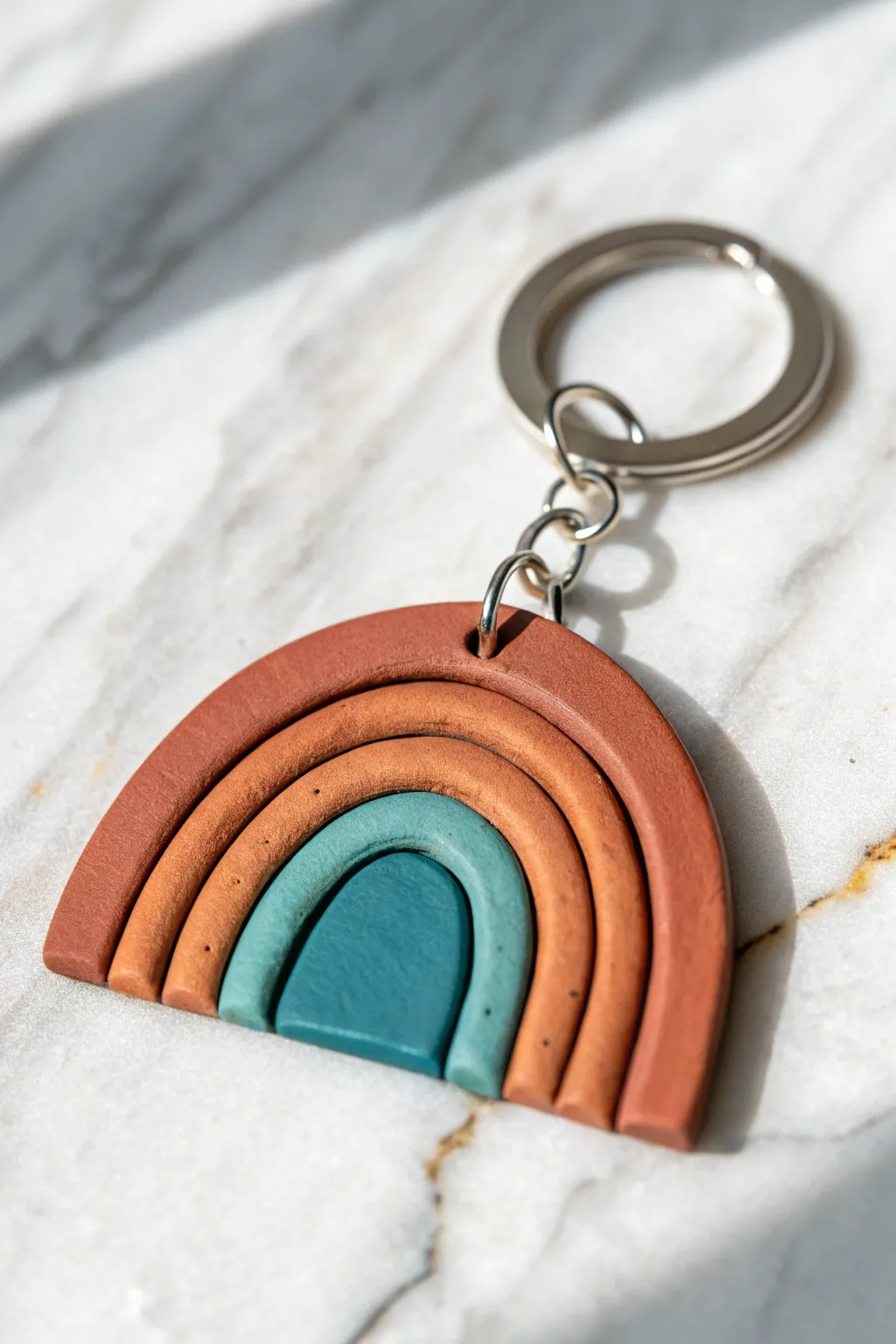 Layered air dry clay keychain in bold contrasting colors, simple shapes, and a visible jump ring