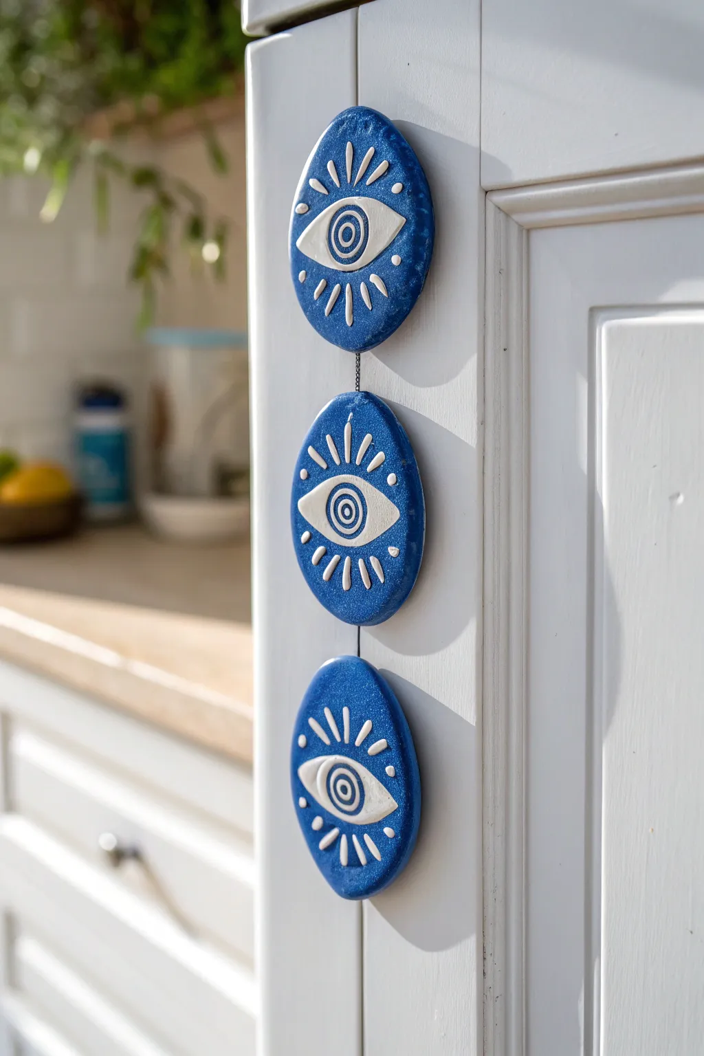 Bold blue evil eye air dry clay magnets, clean minimalist row styling with a subtle boho touch.