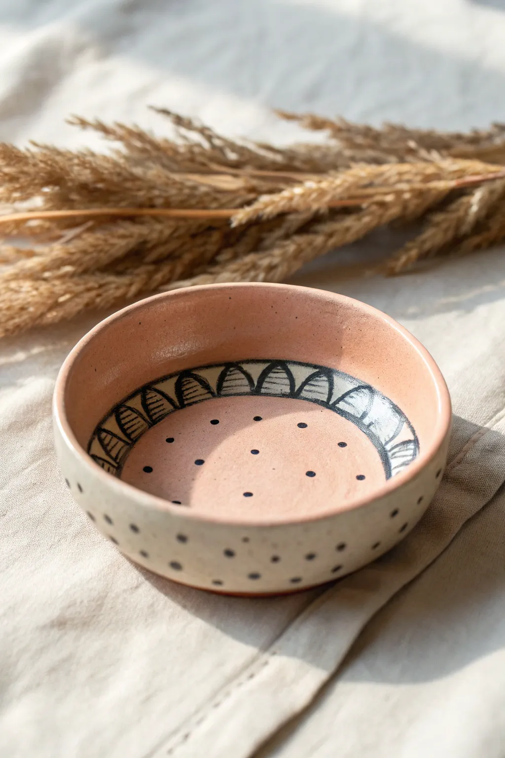 High-contrast sgraffito dish with scratch-through arches and dots, simple and striking to paint
