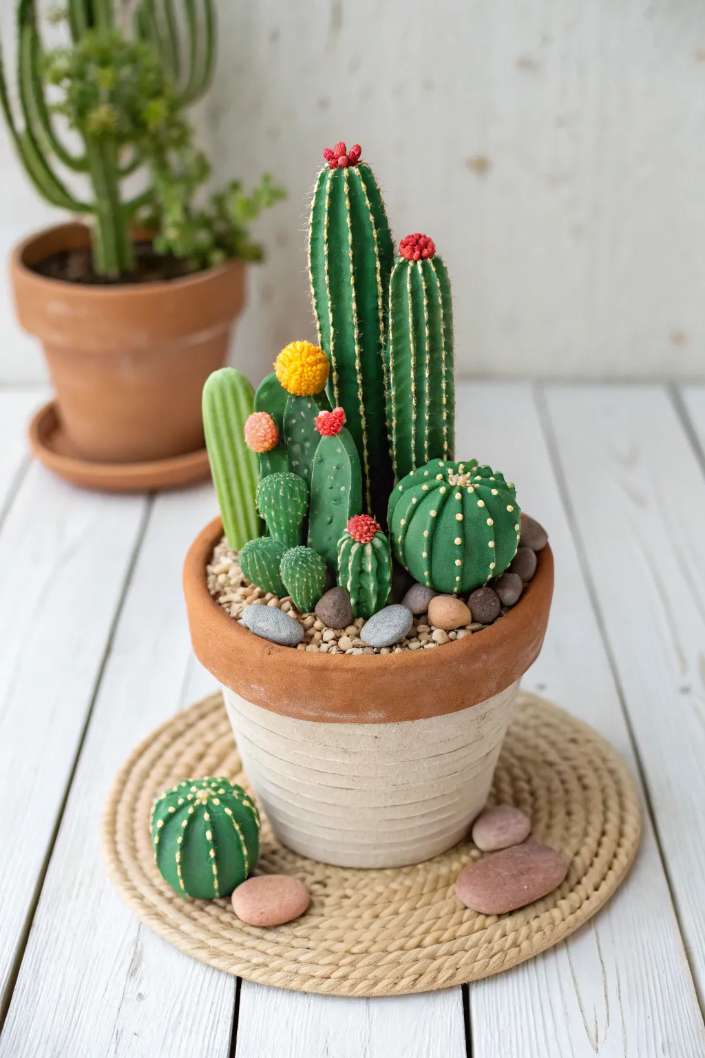Adorable air-dry clay cactus cluster in a tiny pot, perfect minimalist-boho plant decor.